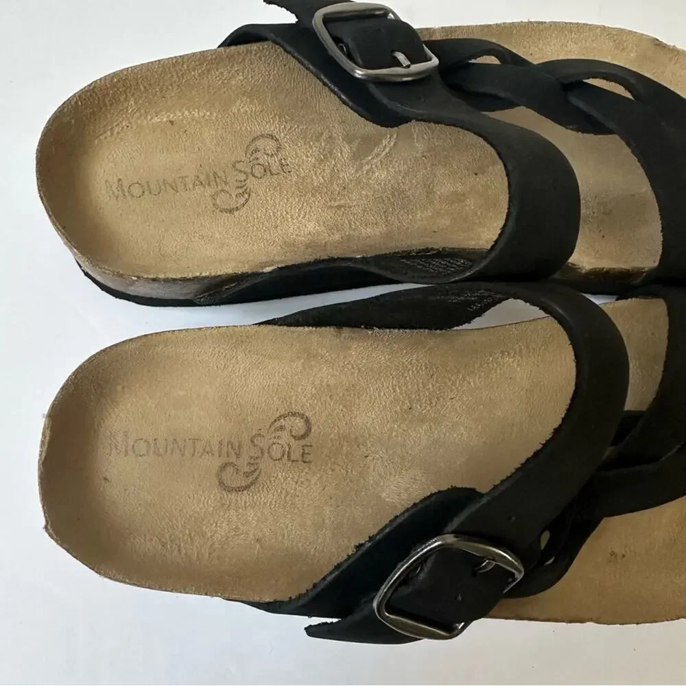 Mountain Sole Black Leather Braided Strap Sandals US 8 Cork Footbed Buckle